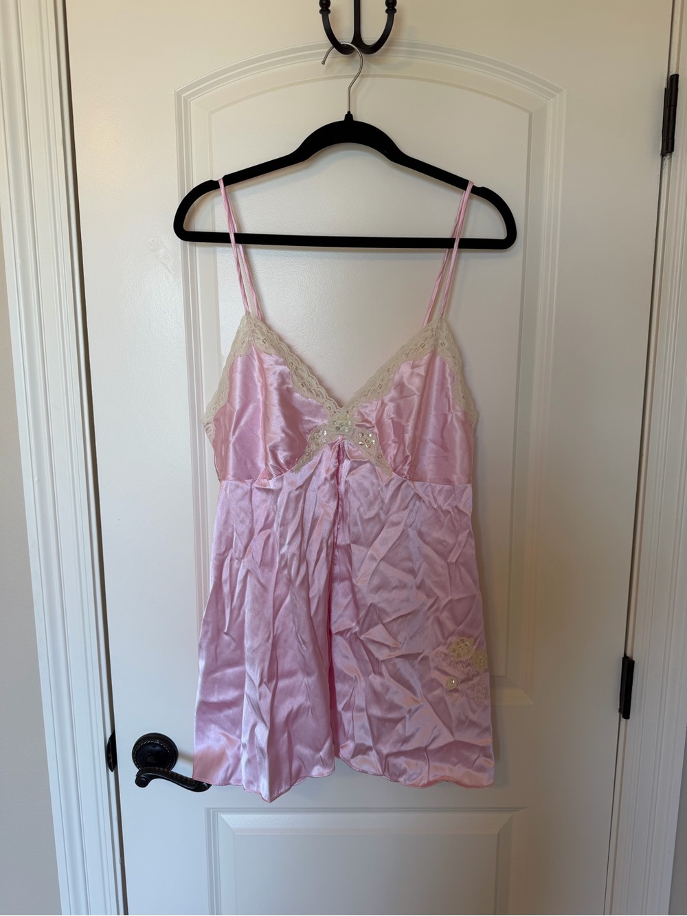Vintage Pink Satin Lace-Trim Chemise